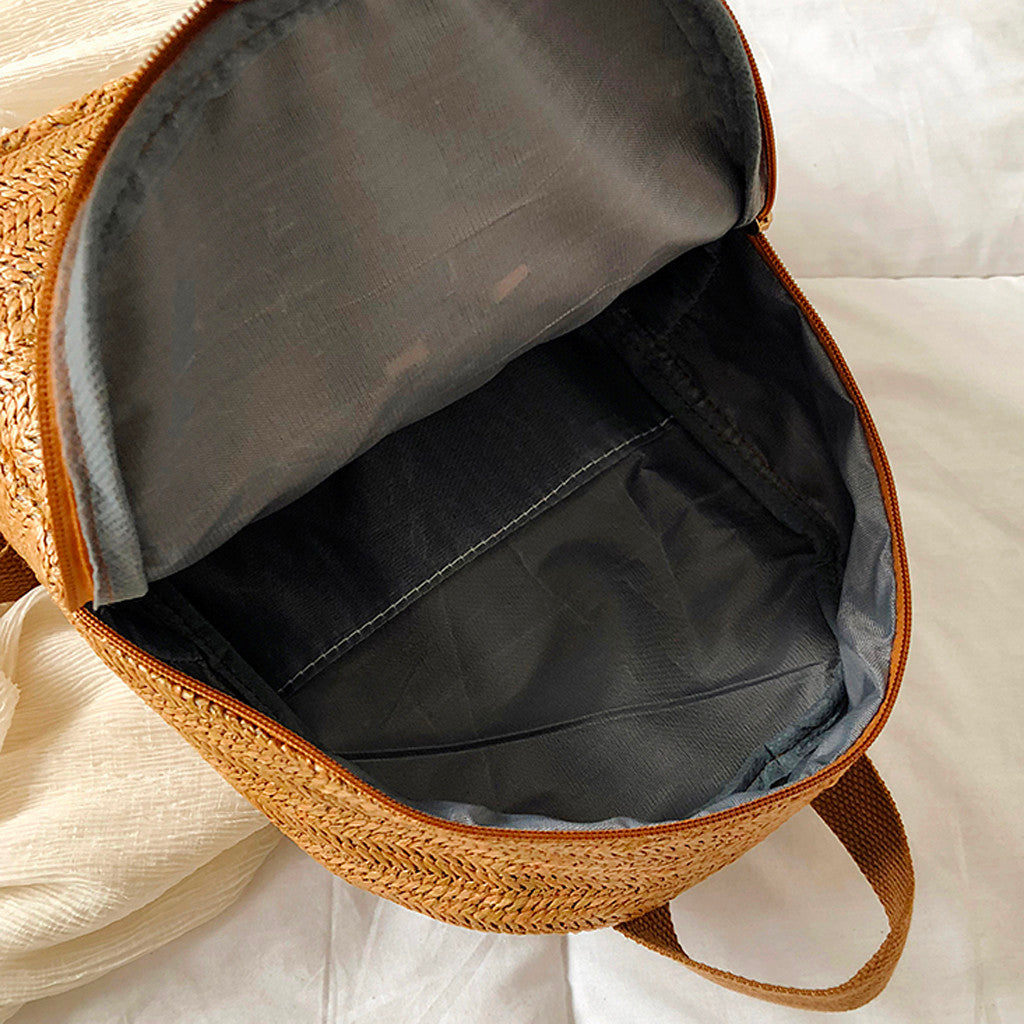 Round Softback Straw Woven Beach Women Backpacks