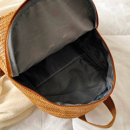 Round Softback Straw Woven Beach Women Backpacks