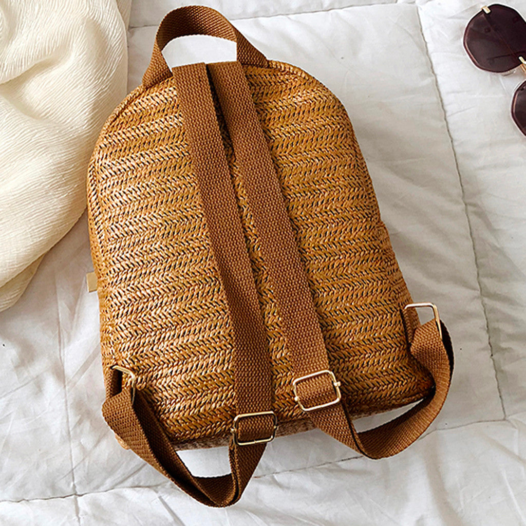 Round Softback Straw Woven Beach Women Backpacks