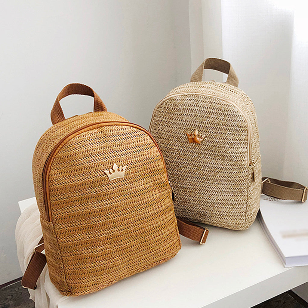 Round Softback Straw Woven Beach Women Backpacks