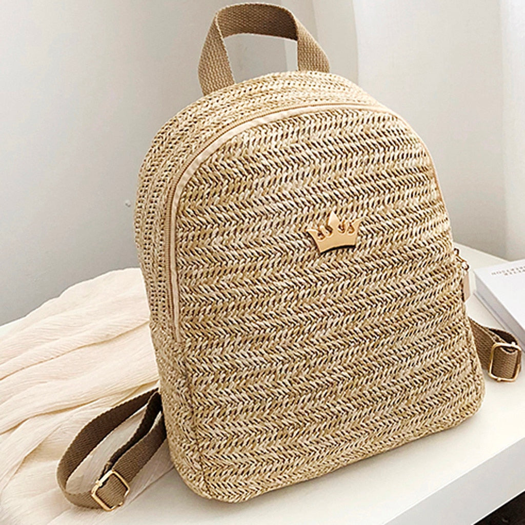 Round Softback Straw Woven Beach Women Backpacks