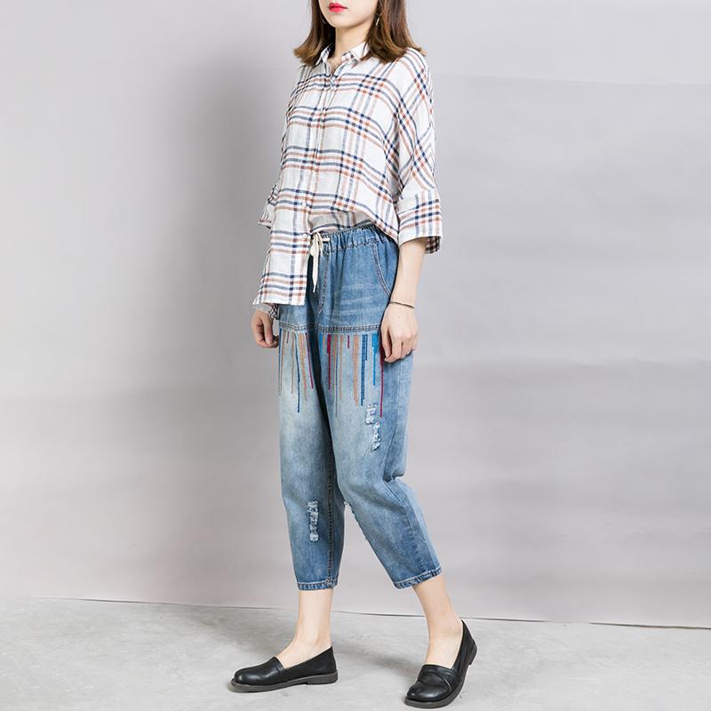 Women Casual Embroidered Lines Drawstring Jeans