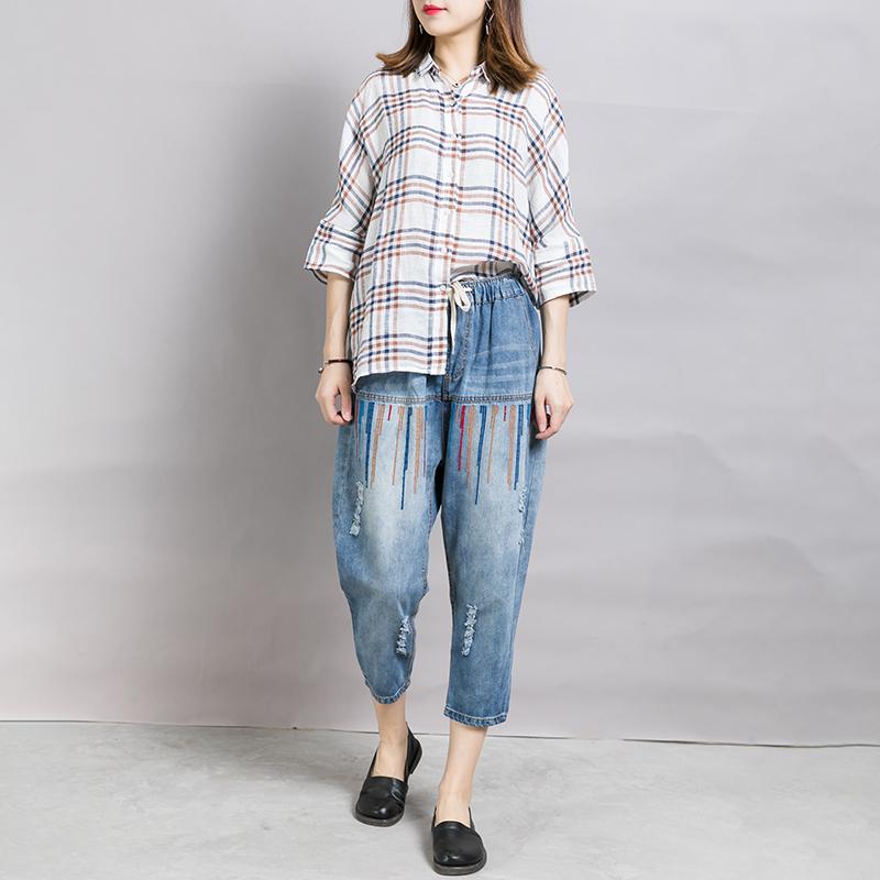 Women Casual Embroidered Lines Drawstring Jeans