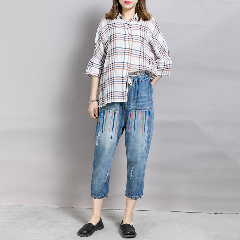 Women Casual Embroidered Lines Drawstring Jeans