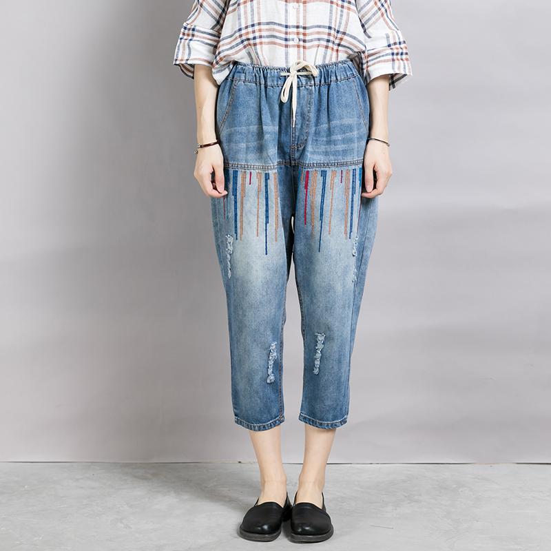 Women Casual Embroidered Lines Drawstring Jeans