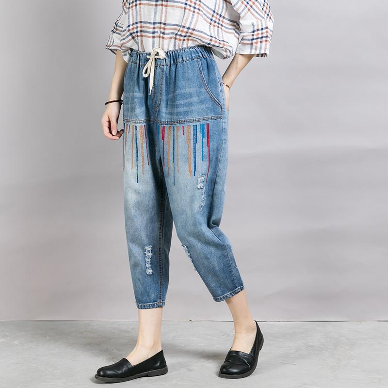 Women Casual Embroidered Lines Drawstring Jeans