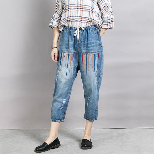 Women Casual Embroidered Lines Drawstring Jeans
