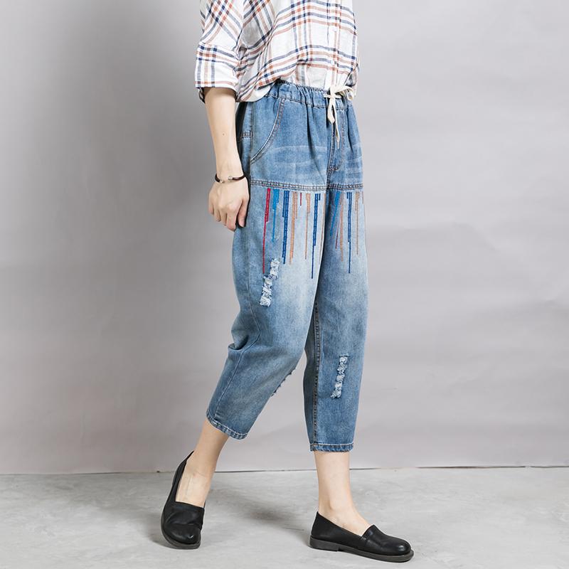 Women Casual Embroidered Lines Drawstring Jeans