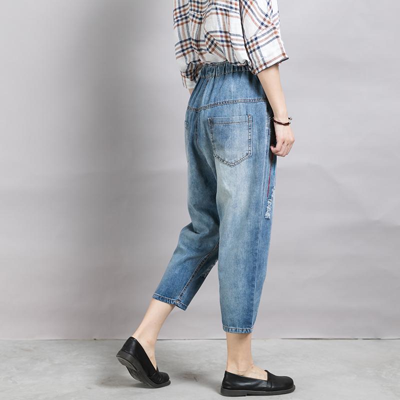 Women Casual Embroidered Lines Drawstring Jeans