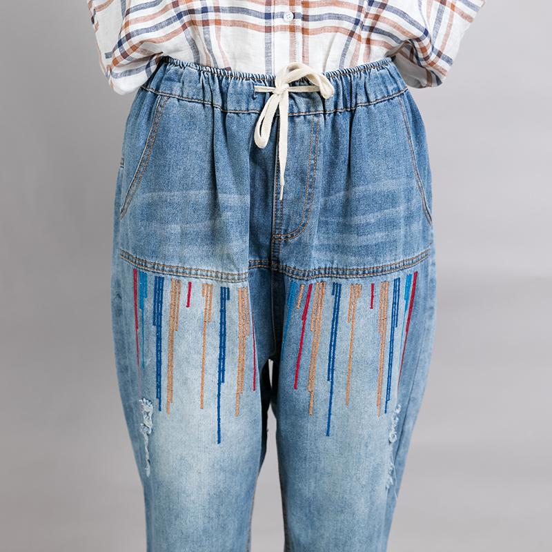 Women Casual Embroidered Lines Drawstring Jeans