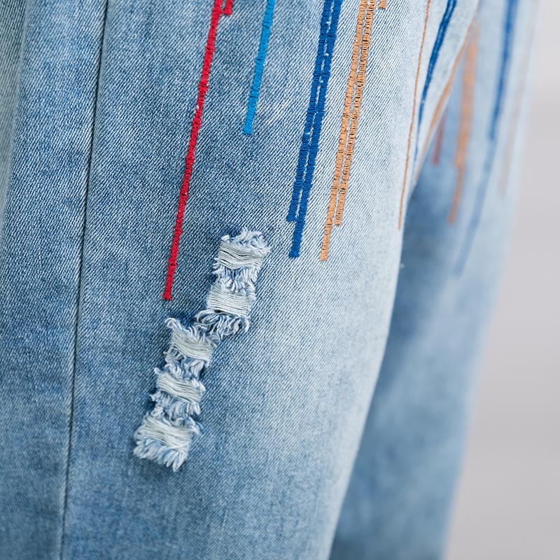 Women Casual Embroidered Lines Drawstring Jeans