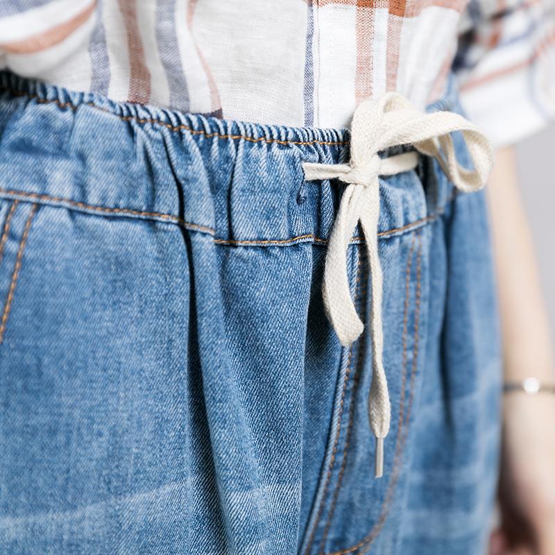 Women Casual Embroidered Lines Drawstring Jeans