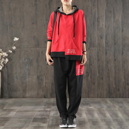 Women Casual Red Hoodie And Pants Set