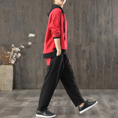 Women Casual Red Hoodie And Pants Set