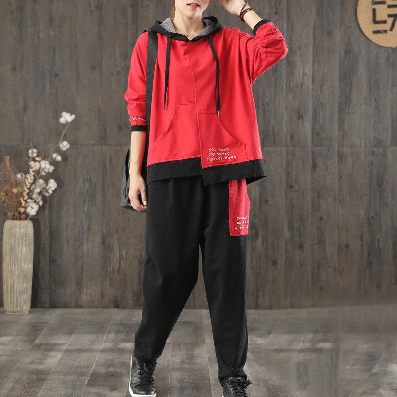 Women Casual Red Hoodie And Pants Set