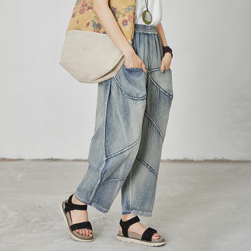 Women Casual Splcied Elastic Waist Pockets Jeans