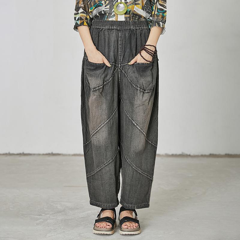 Women Casual Splcied Elastic Waist Pockets Jeans