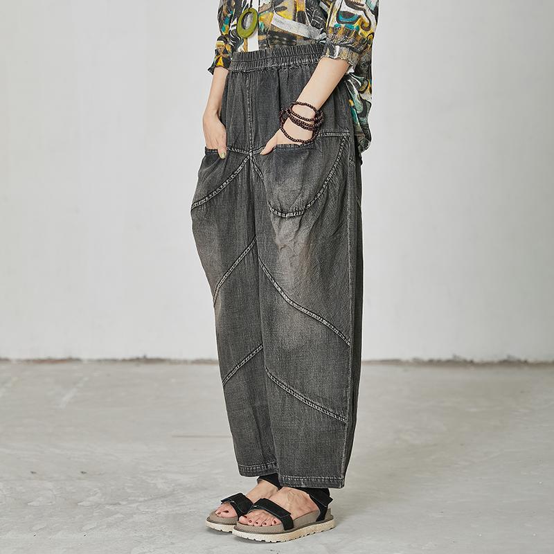 Women Casual Splcied Elastic Waist Pockets Jeans