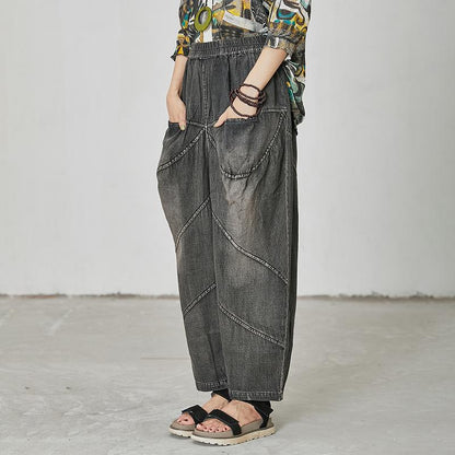 Women Casual Splcied Elastic Waist Pockets Jeans