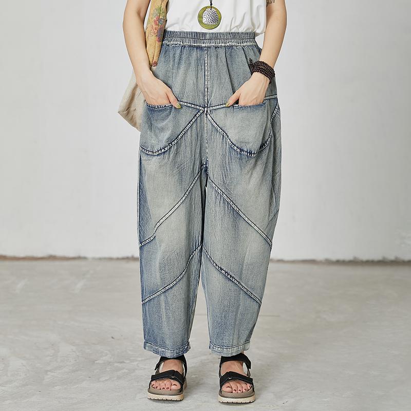 Women Casual Splcied Elastic Waist Pockets Jeans