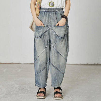 Women Casual Splcied Elastic Waist Pockets Jeans