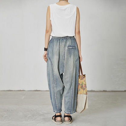 Women Casual Splcied Elastic Waist Pockets Jeans