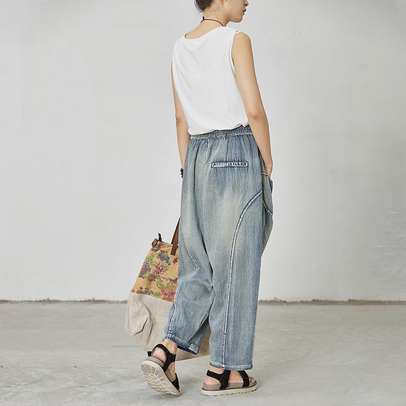 Women Casual Splcied Elastic Waist Pockets Jeans