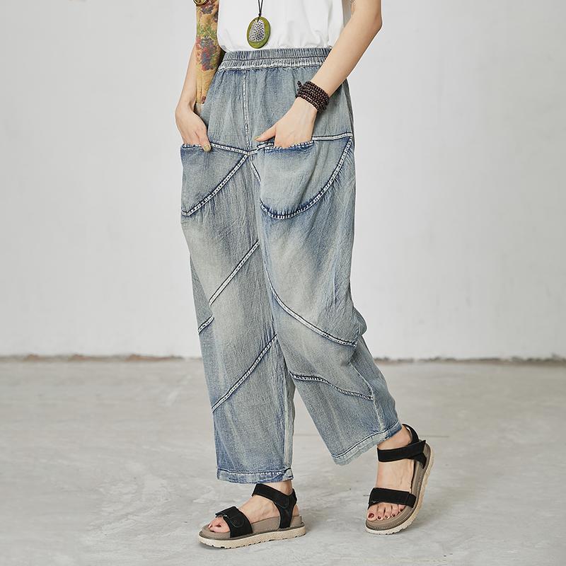 Women Casual Splcied Elastic Waist Pockets Jeans