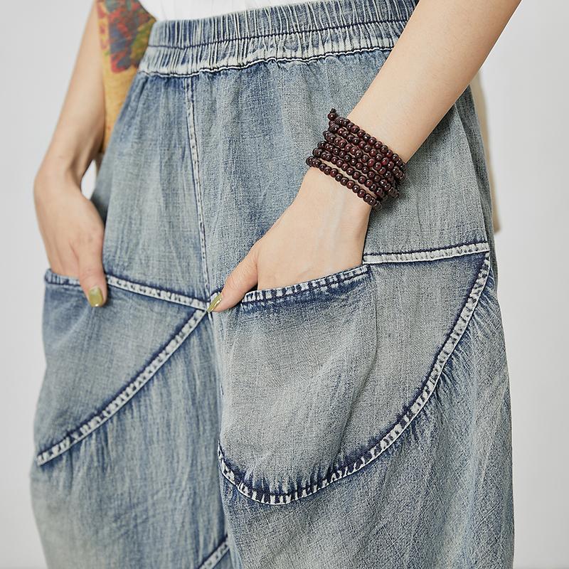 Women Casual Splcied Elastic Waist Pockets Jeans