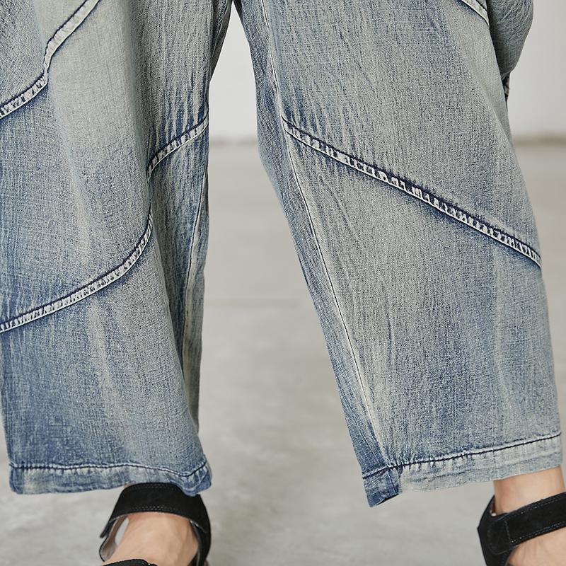 Women Casual Splcied Elastic Waist Pockets Jeans