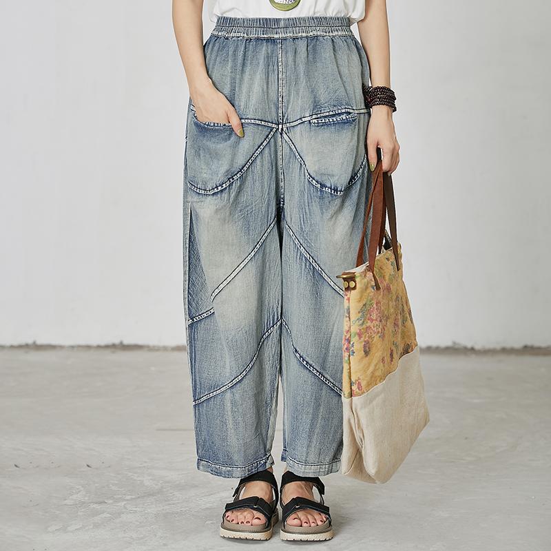 Women Casual Splcied Elastic Waist Pockets Jeans