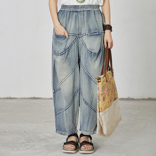 Women Casual Splcied Elastic Waist Pockets Jeans