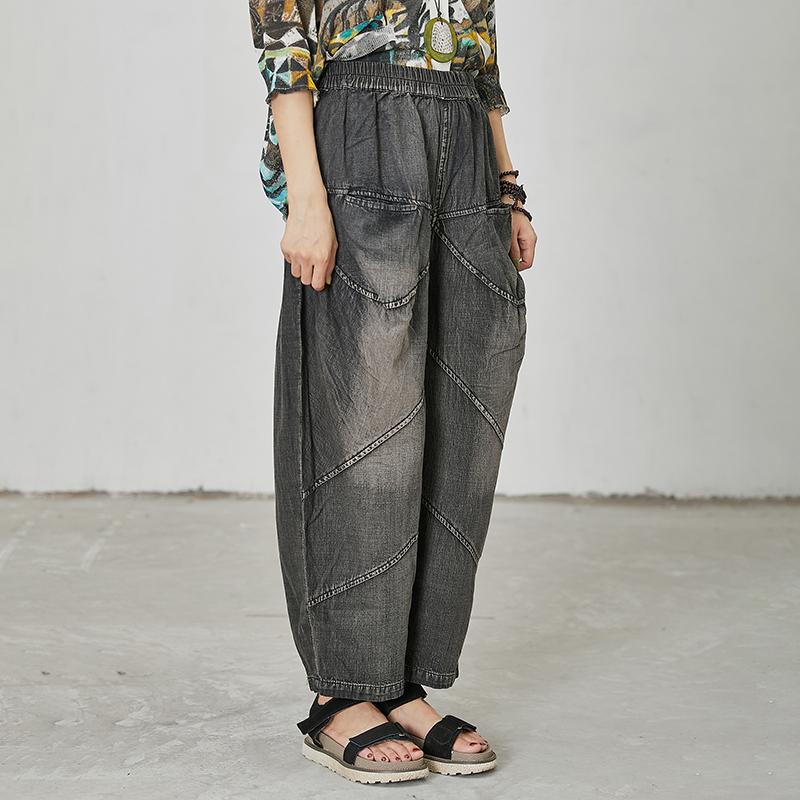 Women Casual Splcied Elastic Waist Pockets Jeans