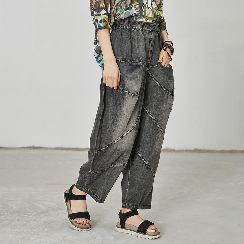 Women Casual Splcied Elastic Waist Pockets Jeans