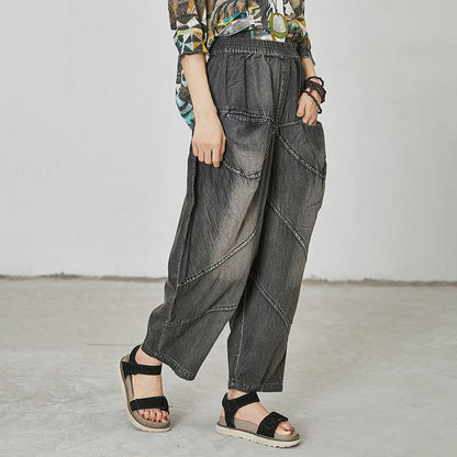 Women Casual Splcied Elastic Waist Pockets Jeans