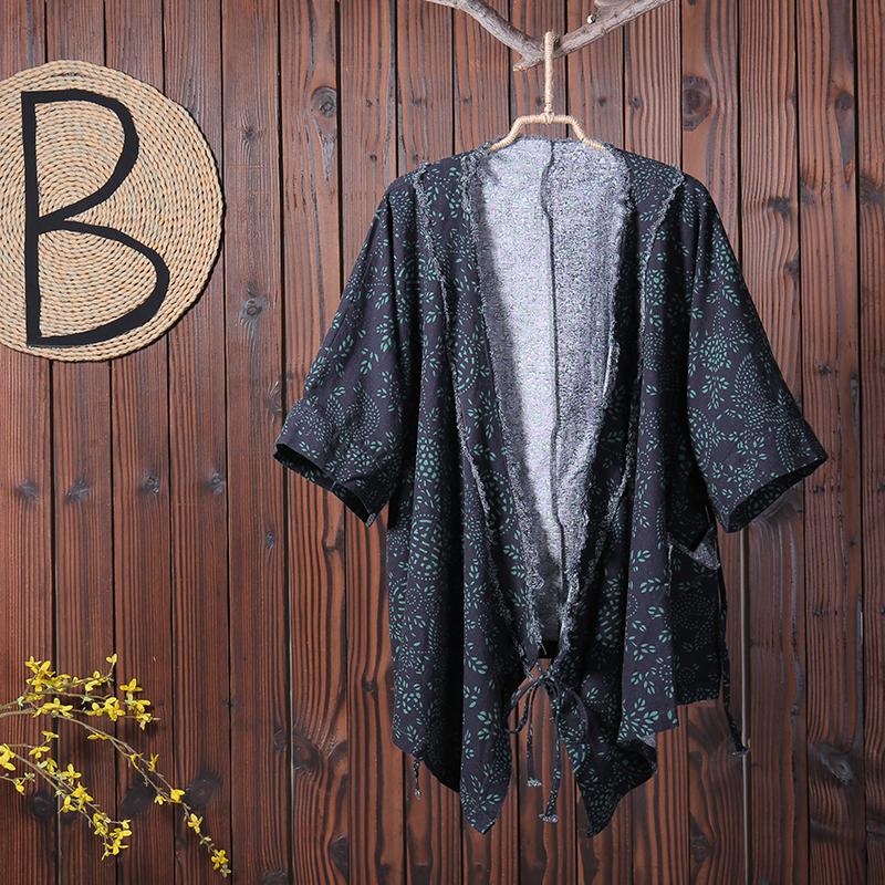 Women Casual V-Neck Print Cardigan Drawstring Coat