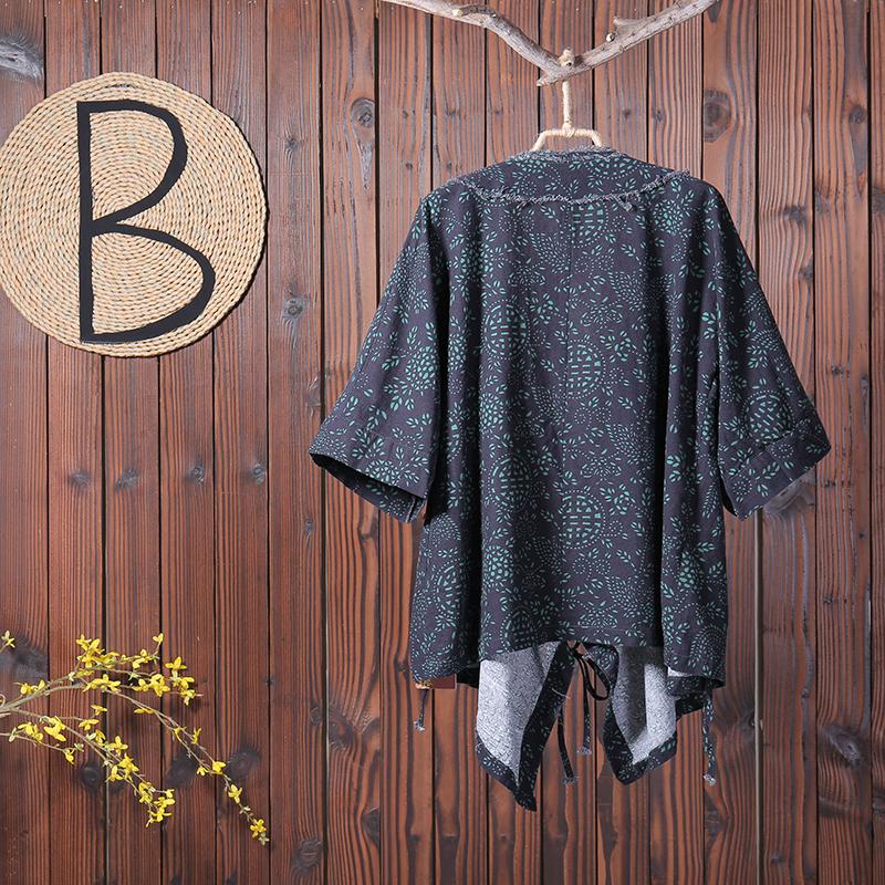 Women Casual V-Neck Print Cardigan Drawstring Coat