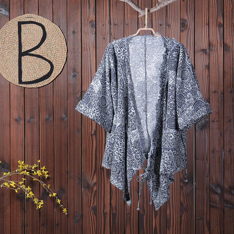 Women Casual V-Neck Print Cardigan Drawstring Coat