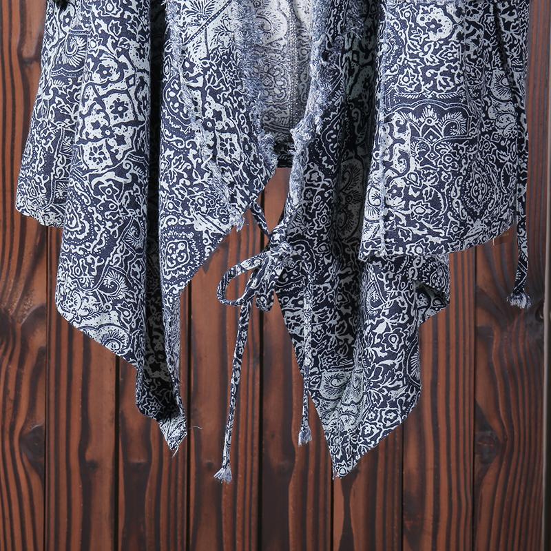 Women Casual V-Neck Print Cardigan Drawstring Coat