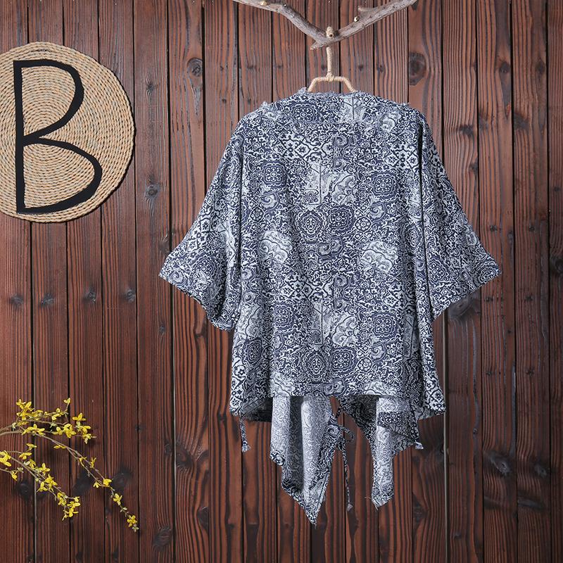 Women Casual V-Neck Print Cardigan Drawstring Coat