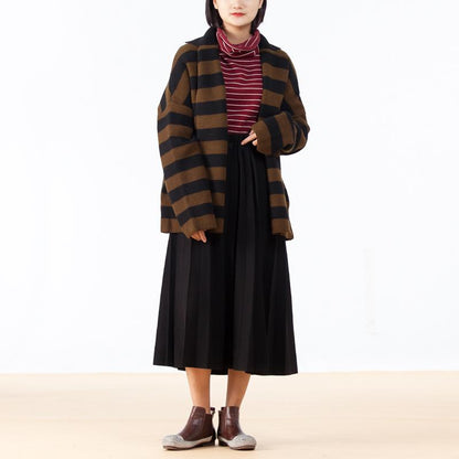 Turn-down Collar Women Coffee Stripe Cardigan