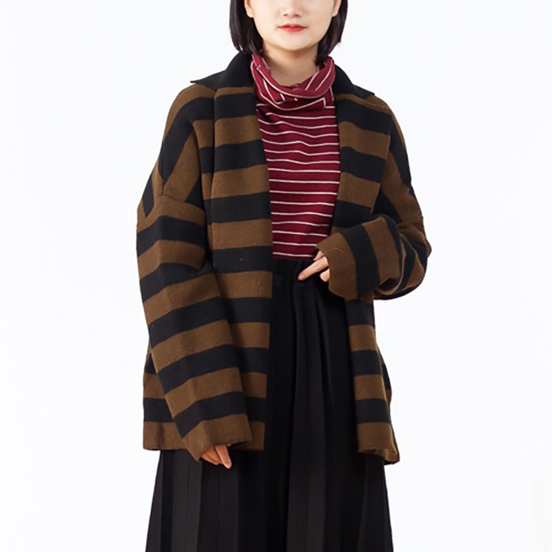 Turn-down Collar Women Coffee Stripe Cardigan