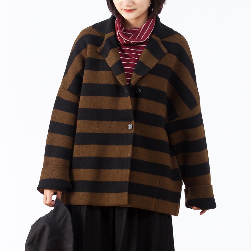 Turn-down Collar Women Coffee Stripe Cardigan