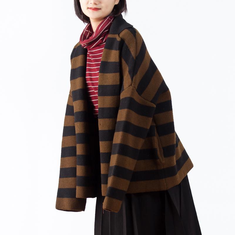 Turn-down Collar Women Coffee Stripe Cardigan