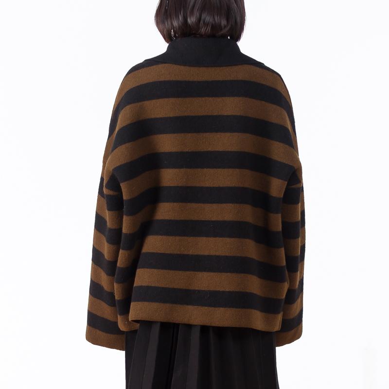 Turn-down Collar Women Coffee Stripe Cardigan
