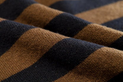 Turn-down Collar Women Coffee Stripe Cardigan