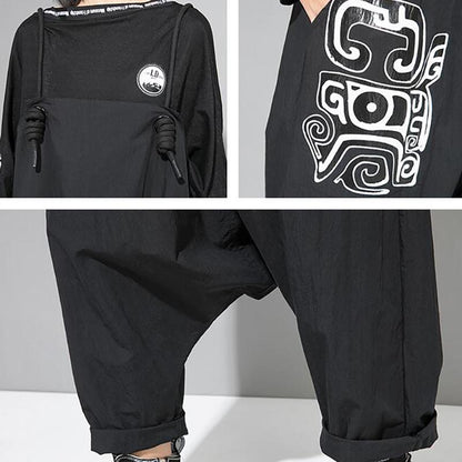 Women Cool Loose Black Print Overalls