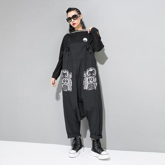 Women Cool Loose Black Print Overalls
