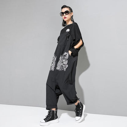 Women Cool Loose Black Print Overalls