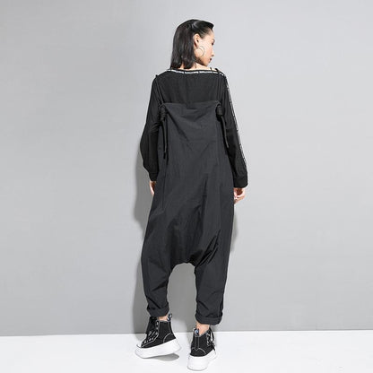 Women Cool Loose Black Print Overalls